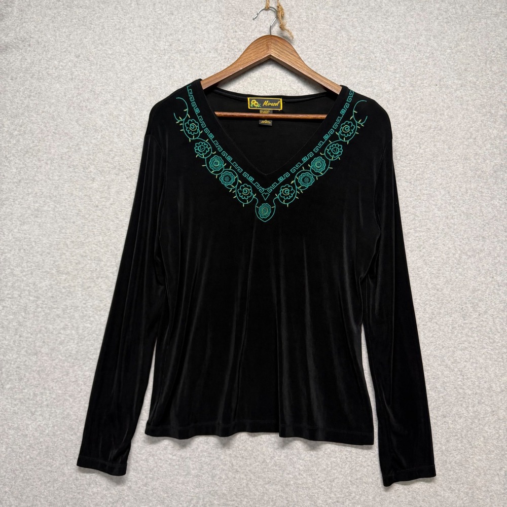 Womens M Tunic Top Slinky Knit‎ Stretch Floral Embroidered V-Neck Travel Boho - Picture 2 of 9